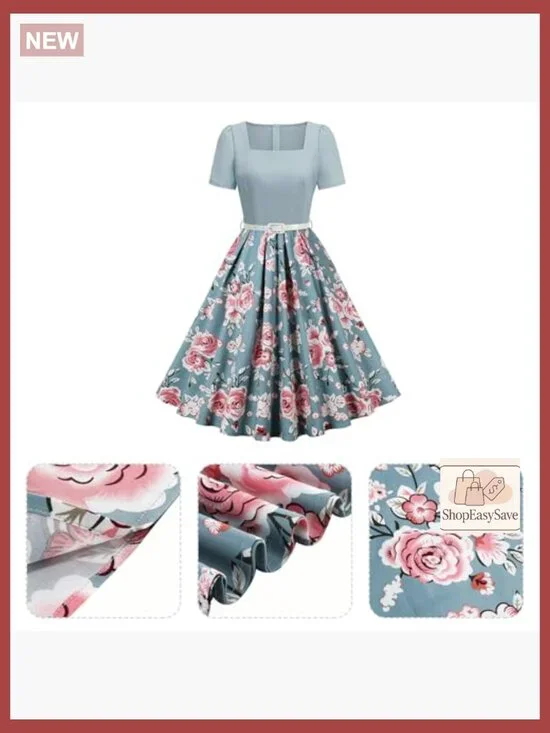 Vintage 50s Swing Dress Puff Sleeve Square Neck A-Line Cocktail Midi - Picture 3 of 6